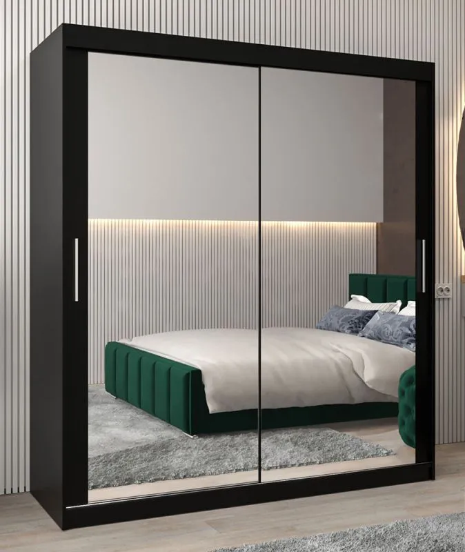 Armadio scorrevole con specchio Bisaurin 4 ante | Nero elegante | 200 x 180 x 62 cm