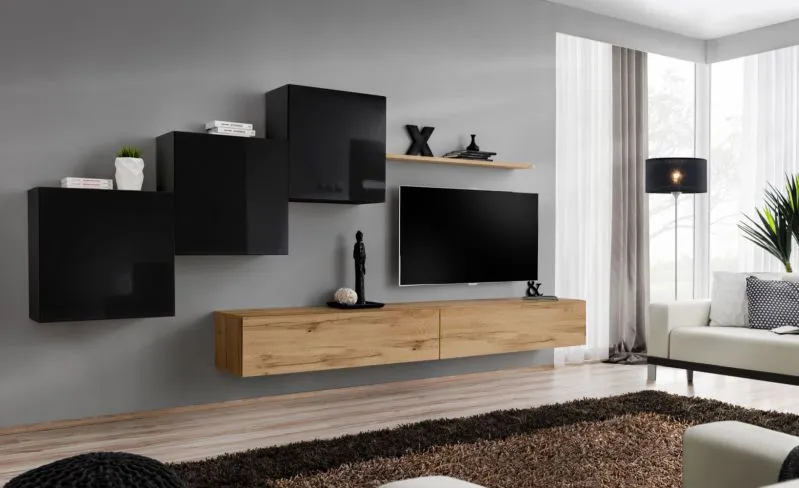 Pensile moderno Balestrand 158 nero/rovere Wotan | 150 x 330 x 40 cm | Apertura push-to-open