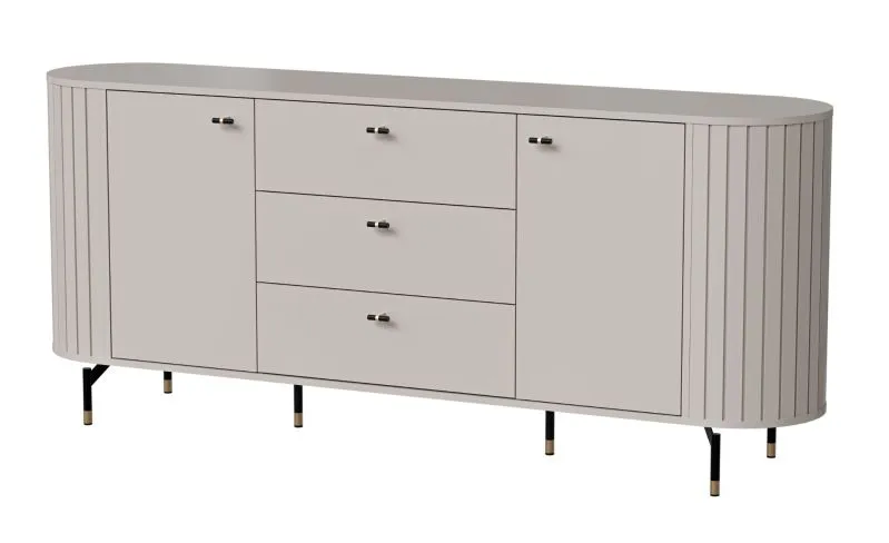 Cassettiera/credenza Annelin 04 | 3 cassetti | cashmere | maniglie e piedini oro nero | 81 x 190 x 40 cm | chiusura ammortizzata | 4 vani