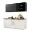 Cucina "Plina" 01, bianco / nero / nero opaco, 2 cassetti, 1 pensile con ante in vetro, bordi in ABS, lunghezza 200 cm