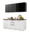 Cucina "Plina" 01, bianco / nero / nero opaco, 2 cassetti, 1 pensile con ante in vetro, bordi in ABS, lunghezza 200 cm