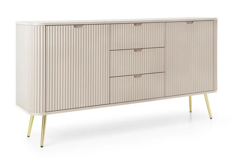 Comò Makreb 11 in cashmere con frontali intagliati, 87 x 168 x 39 cm, chiusura ammortizzata, 3 cassetti, gambe in metallo dorato, 4 scomparti, 2 ante, ABS