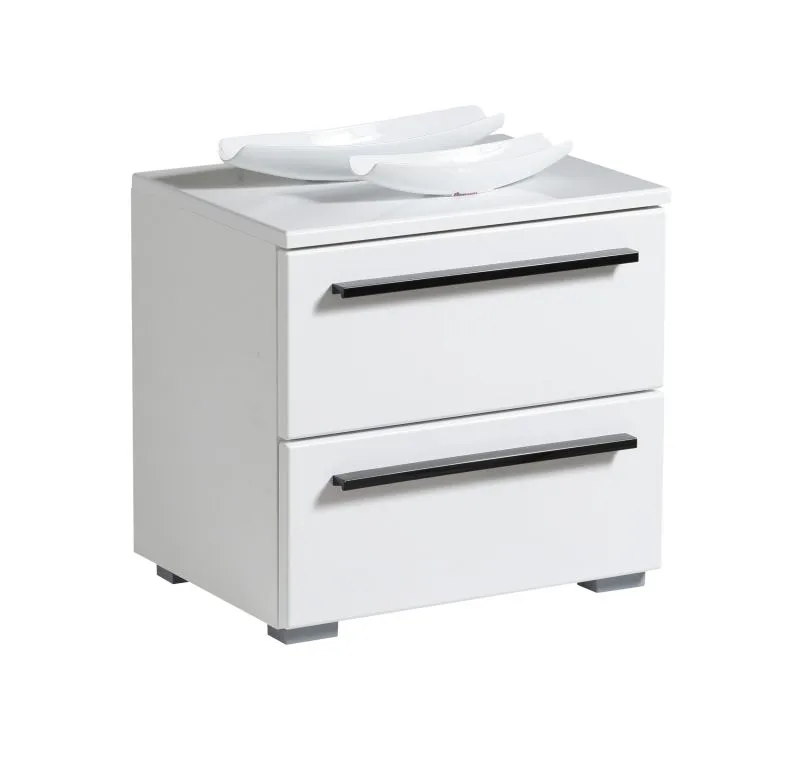 Comodino Banat 11 | Bianco lucido | 2 cassetti | Maniglie in metallo | 42,5 x 44,5 x 33,5 cm