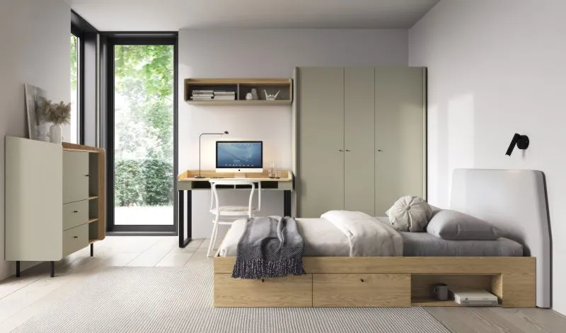 Cameretta completa 5 pezzi Sampont | Verde menta e rovere scuro | Design moderno | Montaggio facile