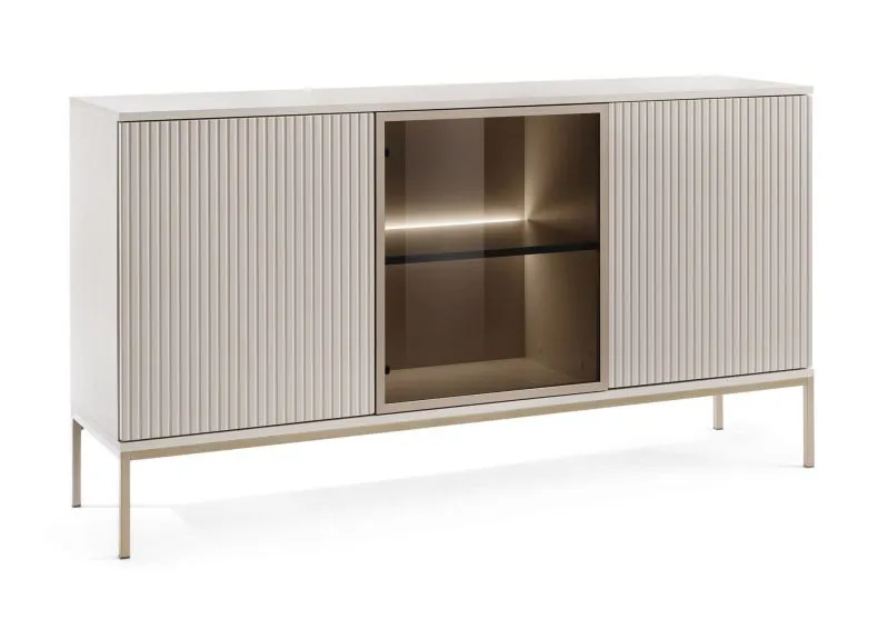 Cassettiera con LED | 83 x 154 x 39 cm | Cashmere | Push-to-open | 6 scomparti | Anta in vetro