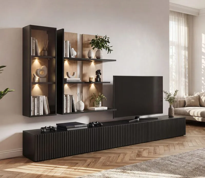 Parete attrezzata "Oppdal" 01, nero/rovere Viking, frontale cannettato, illuminazione a LED, mobile TV, 1 vetrinetta, 2 mensole, 300 x 45 x 160 cm