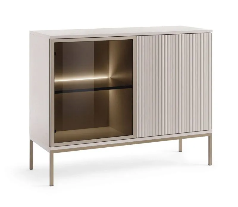 Cassettiera elegante con ante in vetro | Cashmere | 83 x 104 x 39 cm | 4 scomparti | LED integrato | Push-to-open