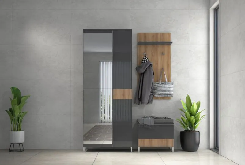 Set guardaroba da ingresso 3 pezzi | Antracite lucido e noce | Design moderno salvaspazio