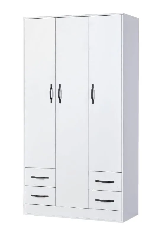 Armadio | Armadio con ante a battente | 3 ante | 120 x 50 x 225 cm | Colore: bianco / nero | 3 ante | 4 cassetti | 11 scomparti | 1 asta appendiabiti | Nalut 01