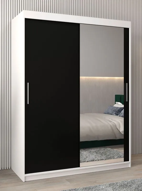 Armadio scorrevole Bisaurin 3 ante con specchio | Bianco opaco/Nero | 200 x 150 x 62 cm | Design moderno