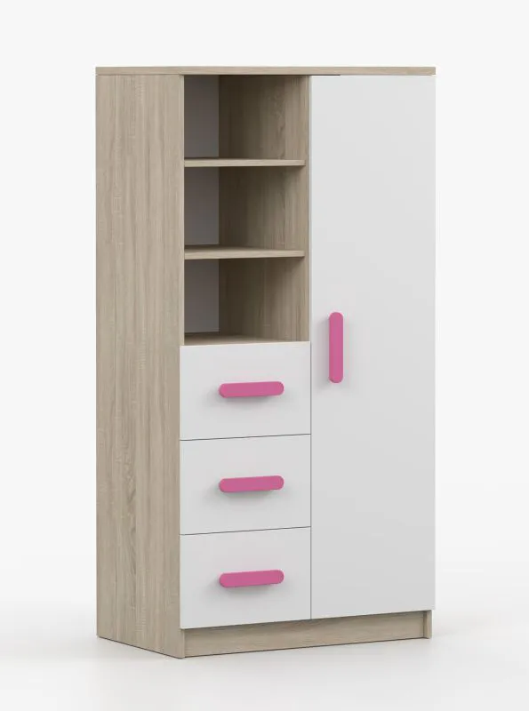Armadio battente 7 scomparti, 3 cassetti | Rovere Sonoma/bianco | Maniglie rosa | 159 x 80 x 40 cm