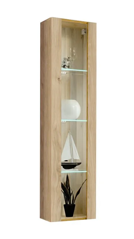 Pensile "Raudberg" 54, color rovere Jackson Hickory, 1 anta in vetro con cornice in legno, illuminazione a LED incl., sistema "push-to-open", 40 x 29 x 170 cm