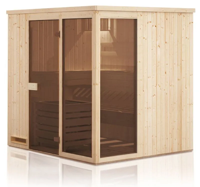 Sauna prefabbricata "Kawir" 68 mm, con 2 finestre e tetto con bordino - misure esterne (l x p x h): 194 x 175 x 199 cm