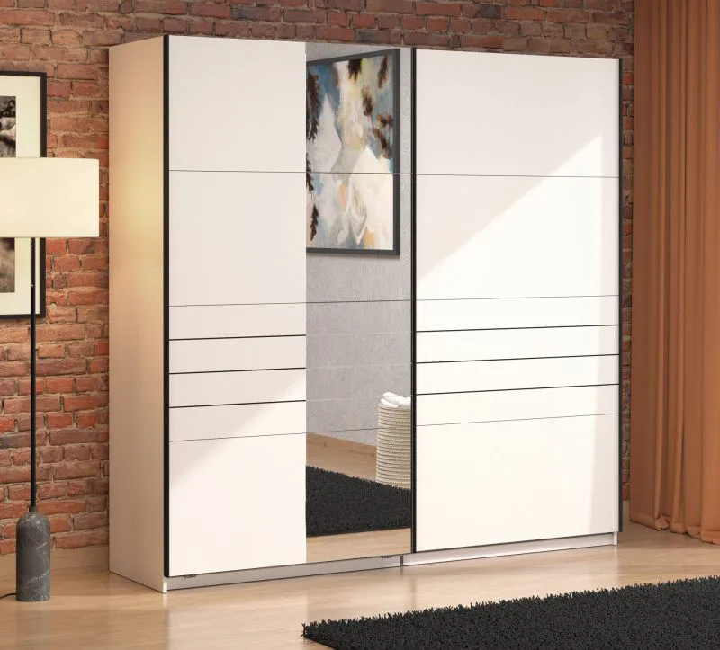 Armadio ad ante scorrevoli "Petrovac" 07, bianco opaco, 1 anta a specchio, 2 ripiani, 2 barre appendiabiti, bordi in ABS, 220 x 61 x 217,5 cm