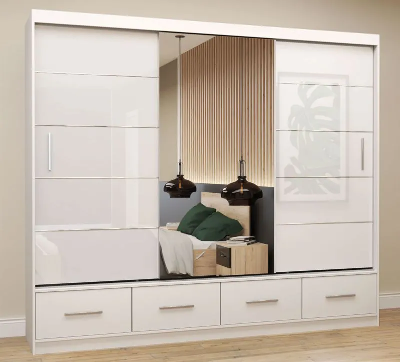 Armadio scorrevole "Lusatian" 27 bianco | 3 ante con specchio | 7 scomparti | 4 cassetti | 218x250x61 cm