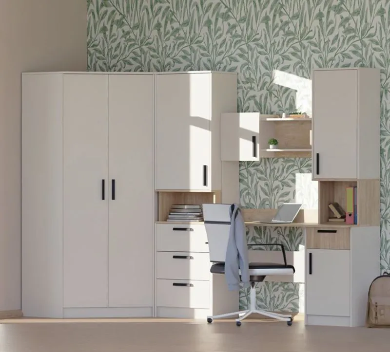Cameretta completa Set K Fafe | 3 pezzi | Cashmere e Rovere Cremona | Armadio angolare | Scrivania con top | Sistema Soft-Close