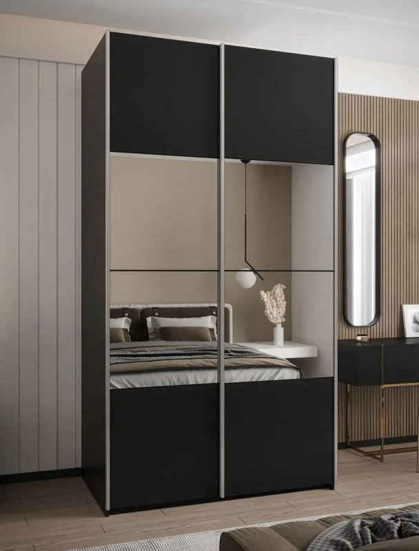 Armadio / Armadio con ante scorrevoli | Colore: nero | 6 scomparti | Specchio | Chiusura ammortizzata | 2 ante scorrevoli | 2 aste appendiabiti | 245,5 x 130 x 64 cm