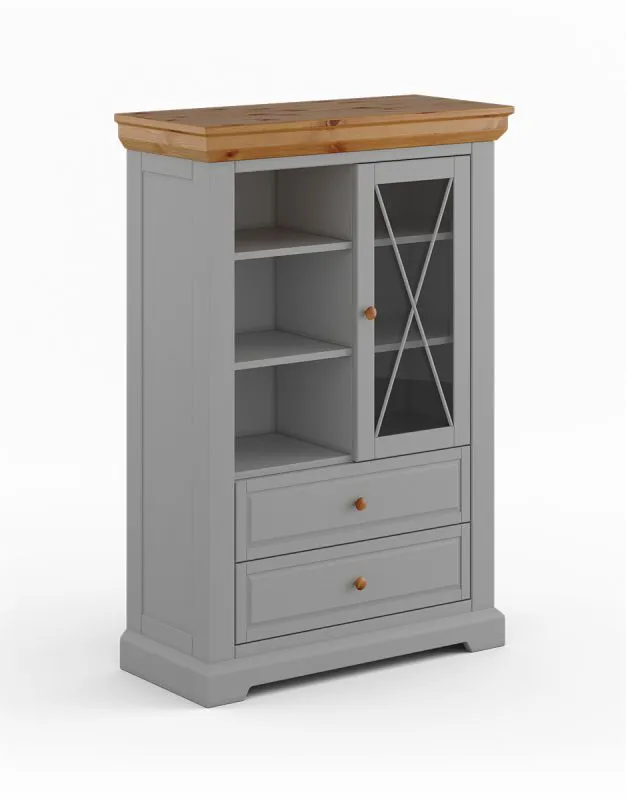 Vetrinetta soggiorno "Gimone" 03 | Pino finlandese grigio | 2 cassetti, 6 scomparti, anta vetro | Soft-Close | 140 x 95 x 41 cm
