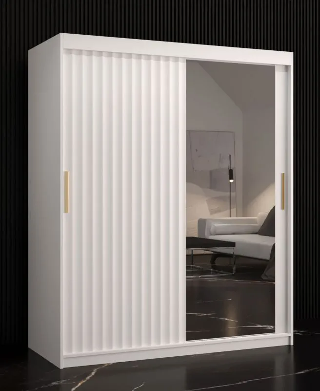Armadio moderno Balmenhorn 81 | Anta a specchio | Bianco opaco | 200 x 150 x 62 cm | 5 scomparti, 2 barre appendiabiti