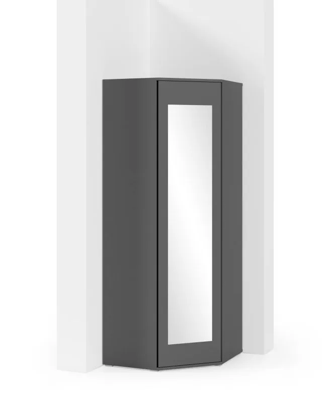 Armadio angolare Zapopan 50 | Grafite moderno | 5 scomparti | 2 barre appendiabiti | 1 anta a specchio | 185 x 70 x 70 cm
