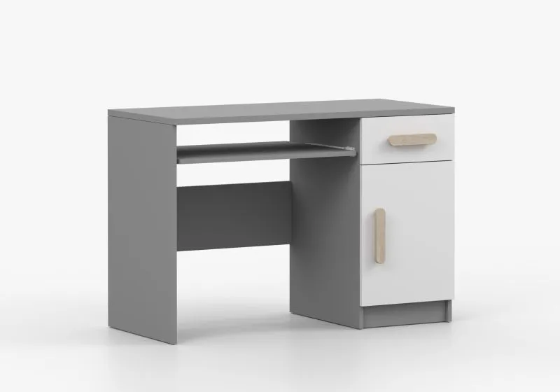 Scrivania Smolikas 87 | Bianco/Grigio | 1 anta, 3 scomparti, 1 cassetto | Maniglie legno | 50 x 110 x 75 cm