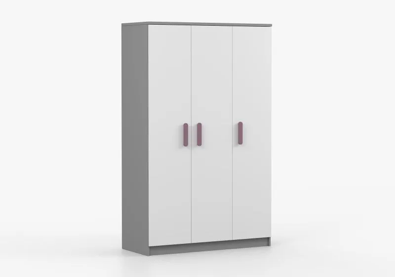 Armadio battente Smolikas 113 | Bianco e grigio | 3 ante, 9 scomparti, maniglie in legno | 192 x 120 x 50 cm
