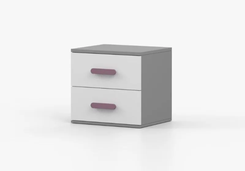 Comodino Smolikas 137 | Bianco e grigio | Maniglie viola in legno | 2 cassetti | 50 x 55 x 40 cm