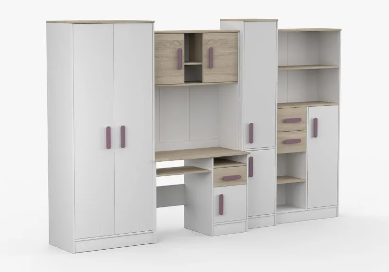 Parete attrezzata zona studio/lavoro "Grammasos" 05 | Bianco/rovere | 3 cassetti, 19 scomparti, scrivania | 300 x 52 x 196 cm