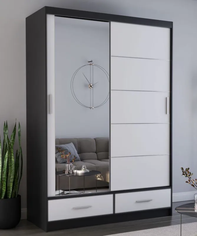 Armadio scorrevole Lusatian 07 | Bianco/Nero | Specchio | 2 ante, 6 scomparti, 2 cassetti | 218 x 150 x 61 cm