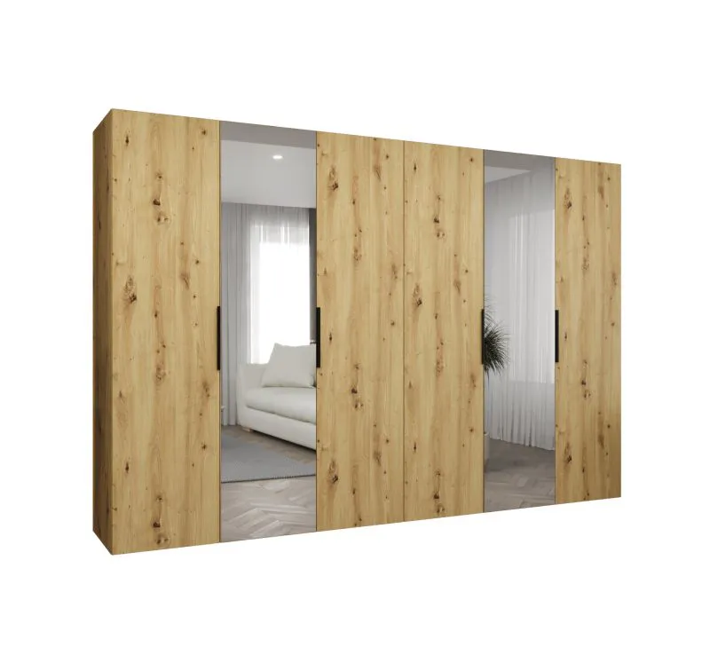 Armadio 3 metri rovere Artisan | Ante battenti e specchio | 4 scomparti | Maniglie nere | Soft-Close