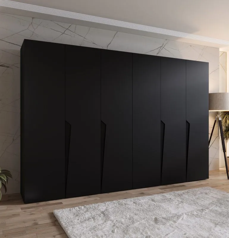 Armadio ad ante battenti "Rida" 05, nero, maniglie: nere, 4 scomparti, 4 barre appendiabiti, Sistema "Soft-Close", bordi in ABS, 300 x 52 x 202 cm