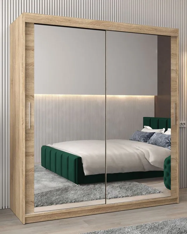 Armadio scorrevole 4 ante con specchio | Rovere Sonoma | 200 x 180 x 62 cm | Design moderno Bisaurin