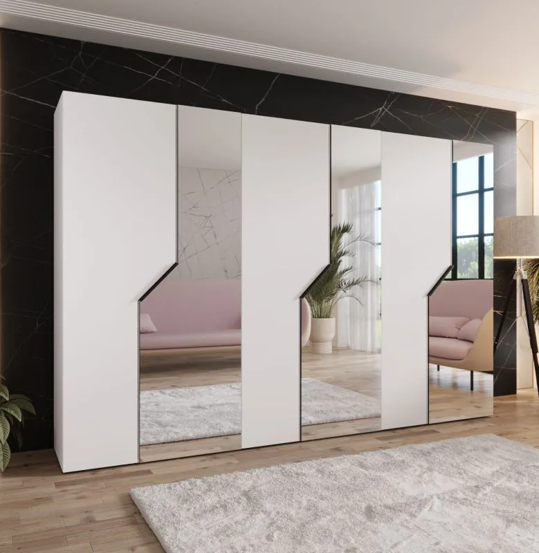 Armadio con ante a battente | 3 ante a specchio | Colore: bianco | 3 scomparti | 3 appendiabiti | funzione soft-close | maniglie: nere | dimensioni: 300 x 52 x 202 cm | armadio | bordi in ABS