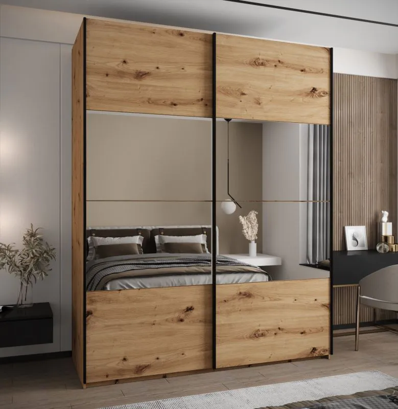 Armadio ad ante scorrevoli "Tampa", color rovere Artisan, 2 ante con specchio, 11 scomparti, 2 barre appendiabiti, Sistema "Soft-Close", 245,5 x 200 x 64 cm