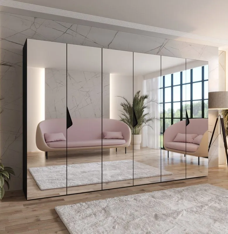 Armadio con ante a specchio, nero, maniglie: nero, 3 scomparti, 3 barre appendiabiti, Sistema "Soft-Close", 300 x 52 x 202 cm