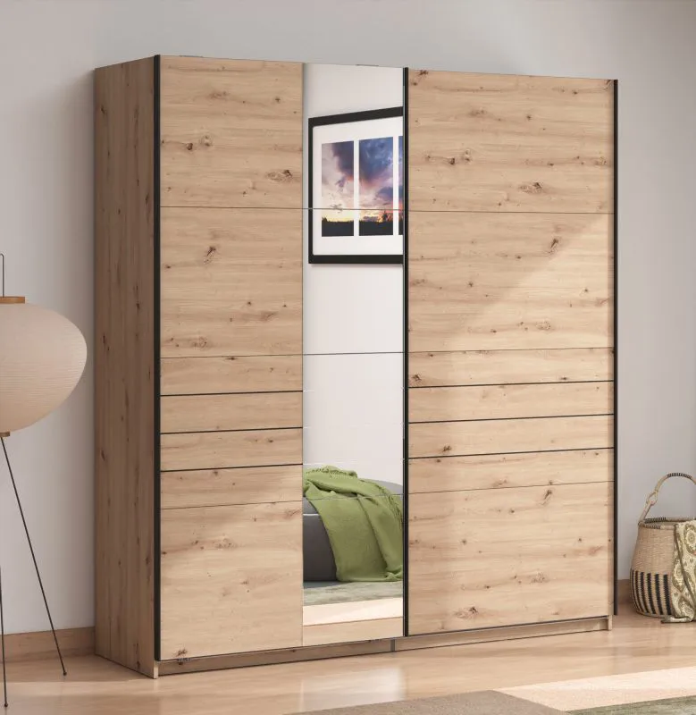 Armadio ad ante scorrevoli "Petrovac" 05, color rovere Artisan, 1 anta a specchio, 2 scomparti, 2 barre appendiabiti, bordi in ABS, 195 x 61 x 217,5 cm