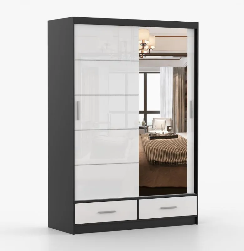 Armadio scorrevole Lusatian 02 | Bianco/Nero | Specchio frontale | 2 ante | 6 scomparti | 2 cassetti | 218 x 150 x 61 cm