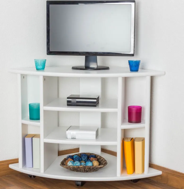 Mobile porta TV in pino massello laccato bianco | 7 ripiani | 4 ruote | 67 x 67 x 65 cm | Junco 208