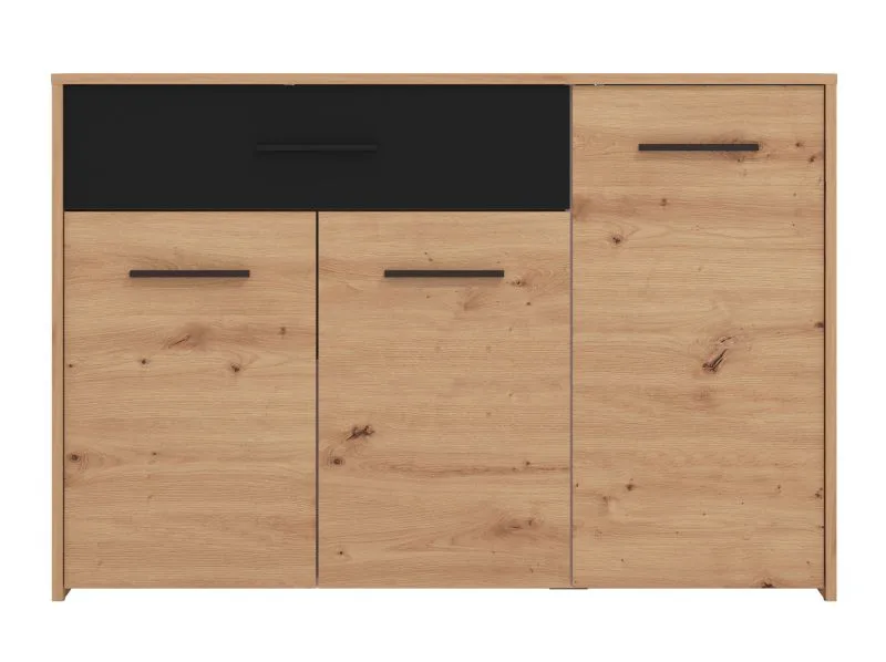 Madia Brus 17 | Rovere Artisan e nero | 1 cassetto, 3 ante, 4 scomparti | Bordi ABS | 80,5 x 119 x 33 cm