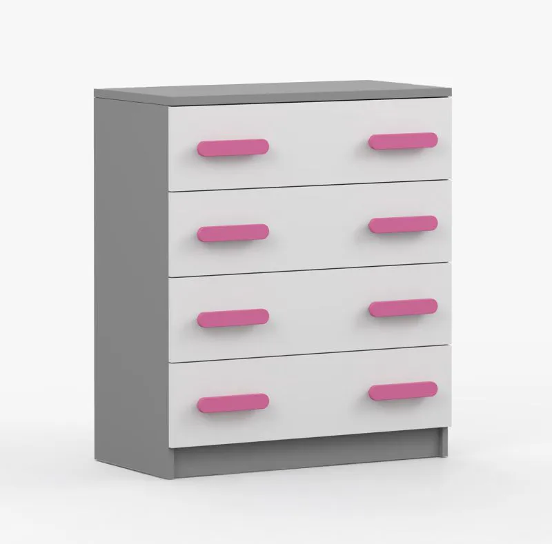 Cassettiera "Smolikas" 10 | Bianco/grigio | 4 cassetti | Maniglie rosa in legno | 90 x 80 x 40 cm