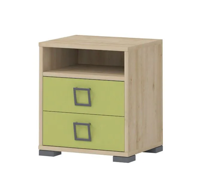 Comodino cameretta "Benjamin" 07 | Faggio e verde oliva | 50 x 44 x 37 cm | 2 cassetti | Piedini regolabili