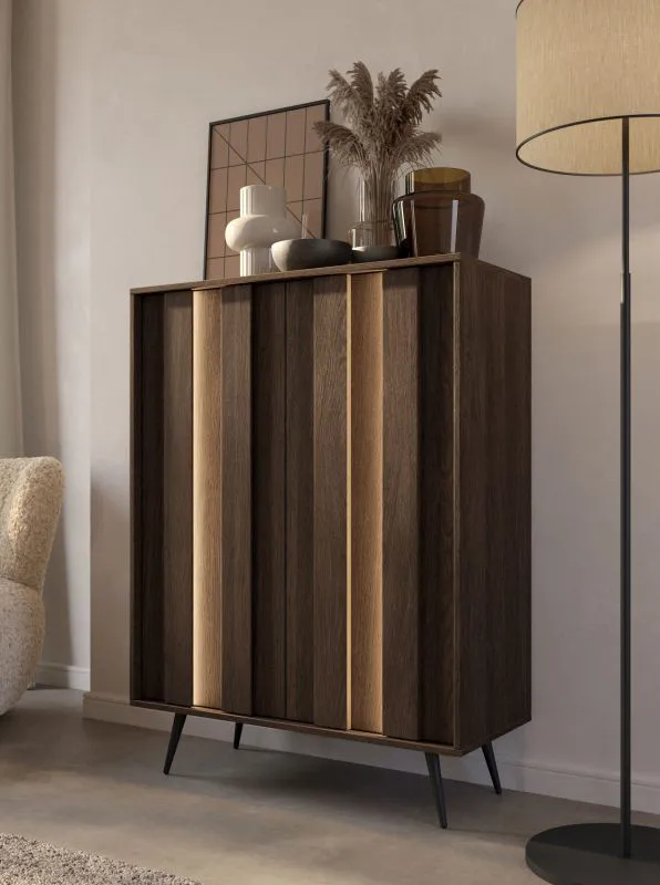 Madia "Hassine" 02, color rovere Dunin, gambe: metallo, 2 ante a battente, 6 scomparti, illuminazione a LED, funzione "push-to-open", Sistema "Soft-Close", 94 x 40 x 126 cm
