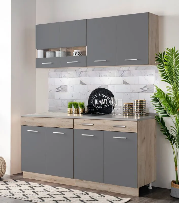 Cucina "Kolubara" 02, grigio rovere / grafite, 1 pensile con ante in vetro, 1 cassetto, lunghezza 1,6 m