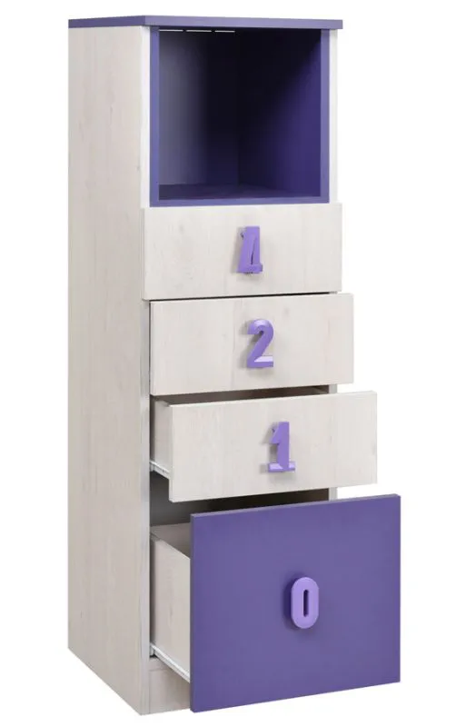Cassettiera per cameretta "Luis" 24 | Rovere bianco e viola | 127 x 40 x 42 cm | 4 cassetti spaziosi
