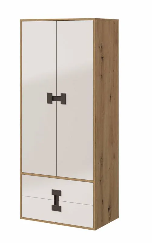Armadio cameretta Garian 01 | 2 ante battenti | Rovere, bianco lucido, grigio | 191 x 80 x 50 cm