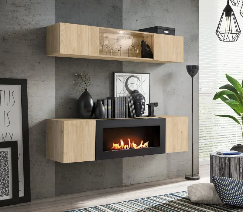 Parete attrezzata "Raudberg" 64, rovere Jackson Hickory, 1 mobile TV con caminetto a bioetanolo, illuminazione a LED incl., 160 x 40 x 150 cm