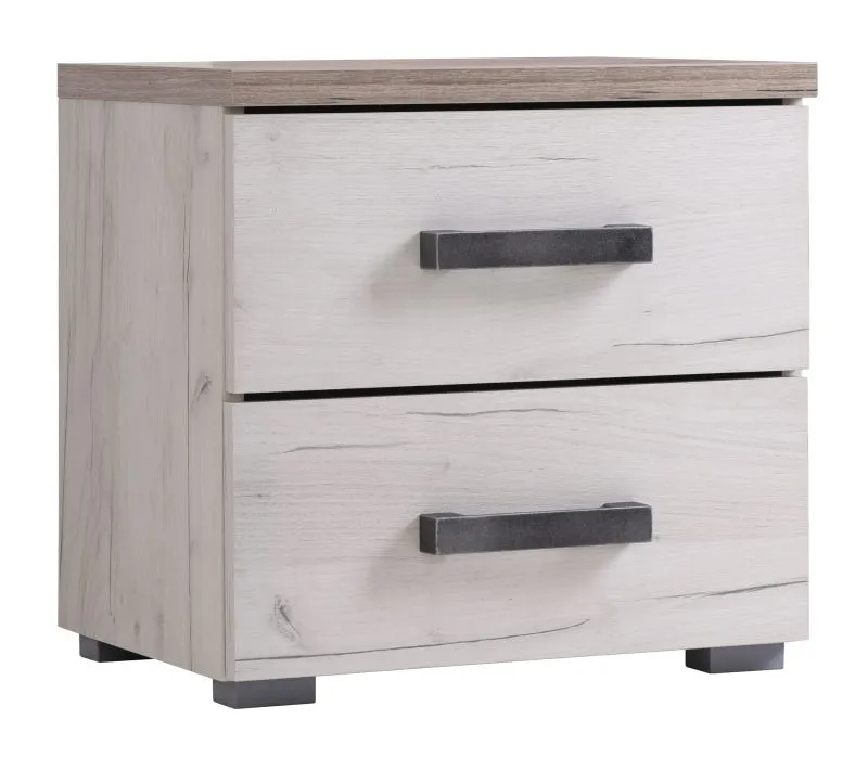 Comodino Zemun 09 | Grigio rovere e bianco rovere | 2 cassetti | Maniglie nere | 43 x 44,5 x 33,5 cm