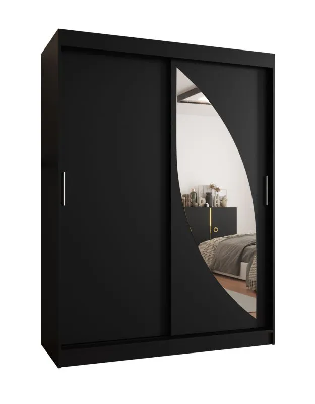 Armadio scorrevole Jorasses 11 nero | 1,5 m larghezza | 5 scomparti | Specchio | 2 barre appendiabiti | Guide alluminio