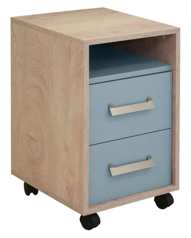 Comodino con ruote per cameretta "Koa" 10 | Rovere e blu | 64 x 40 x 42 cm | 2 cassetti e vano aperto