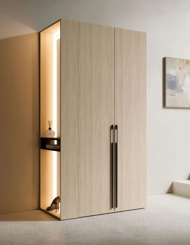 Armadio moderno Acharnes 03 | Rovere Barista/Nero | 2 ante battenti | 4 ripiani in legno | Specchio e LED